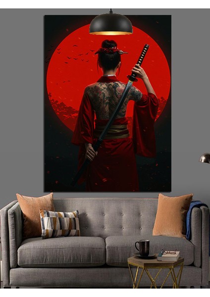 Kırmızı Işıkla Aydınlanmış Japon Kadın Dekoratif Kanvas - Mdf Ahşap Tablo fırsatları