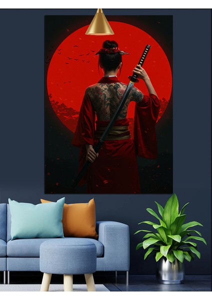 Kırmızı Işıkla Aydınlanmış Japon Kadın Dekoratif Kanvas - Mdf Ahşap Tablo indirimleri