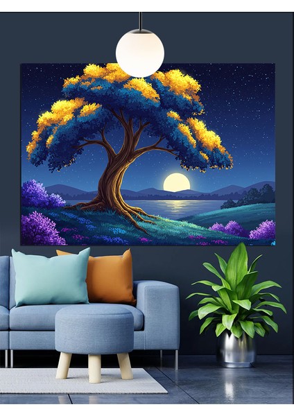 Mor Ağaç ve Işık Dekoratif Kanvas - Mdf Ahşap Tablo