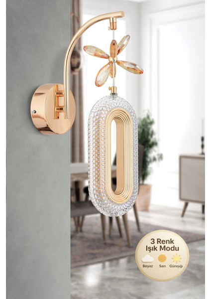 Alfa Tekli Gold Kristal Taşlı Aplik 3 Renk Modu