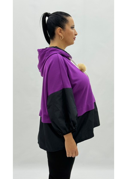 Büyük Beden Viskon Ayıcık Grafikli Ponpon Detaylı Kapri Kol Oversize Kadın Sweat indirimleri