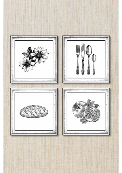 El Yapımı Ahşap Duvar Seti – Mutfak Serisi (Çiçek, Sofra Takımı, Ekmek, Nar)