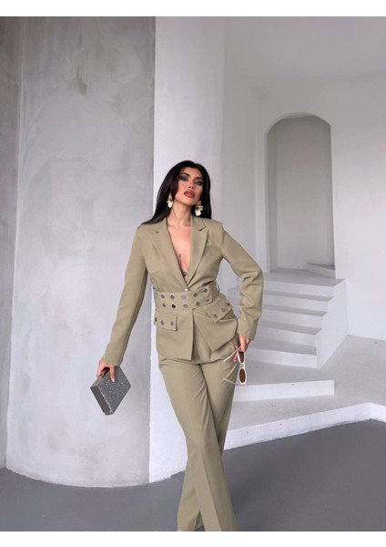 Kadın Zımba Kemer Detaylı Çıtçıtlı Cekete Palazzo Pantolon Şık Takım Elbise fiyatları