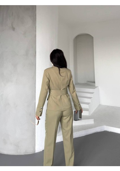 Kadın Zımba Kemer Detaylı Çıtçıtlı Cekete Palazzo Pantolon Şık Takım Elbise fırsatları