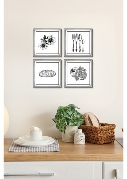 El Yapımı Ahşap Duvar Seti – Mutfak Serisi (Çiçek, Sofra Takımı, Ekmek, Nar)