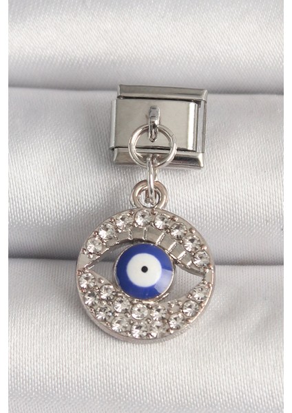 Bfs 316L Çelik Gümüş Renk Zirkon Taşlı Göz Model Nazar Boncuk Detay Nomination Charm