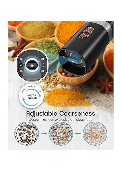 Standlı Tuz Karabiber Değirmeni - 5 Kademe Öğütme Ayarı, LED Işıklı Tasarım, Standlı Kullanım, Tek Elle Otomatik Çalışma, Otomatik Tuz Karabiber Kahve Baharat Öğütücü modelleri