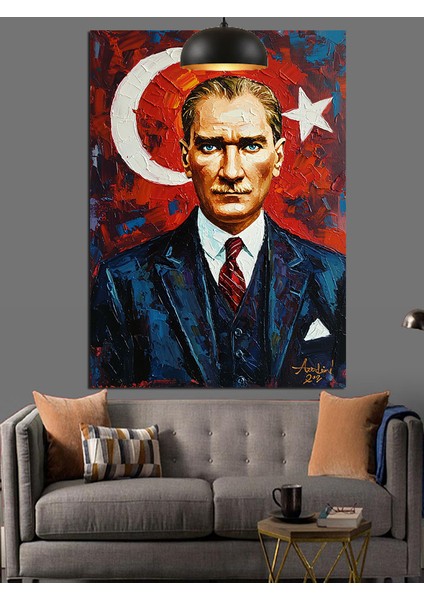 Türkiye Cumhuriyeti Bayrağı Önünde Atatürk Portresi Dekoratif Kanvas - Mdf Ahşap Tablo fırsatları