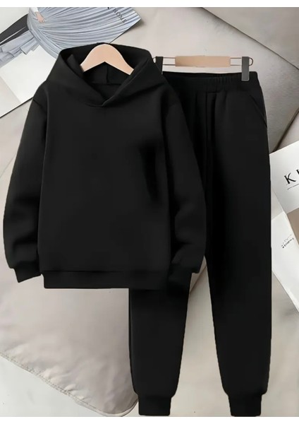 Punıx Kıds Özel Üretim Kapüşonlu Baskısız Düz Renk 3 Iplik %100 Pamuk Kız-Erkek Çocuk Kışlık Eşofman Takımı