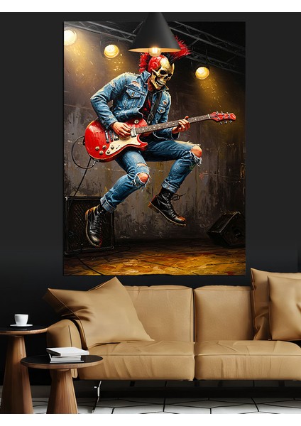 Elektro Gitar Çalan Iskelet Dekoratif Kanvas - Mdf Ahşap Tablo