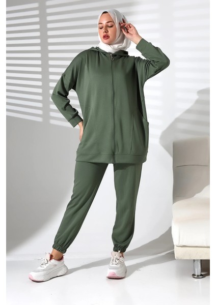 Kadın Mevsimlik Alt Üst Rahat Haki Spor Ikili Tunik Pantolon Şık Tesettür Takım
