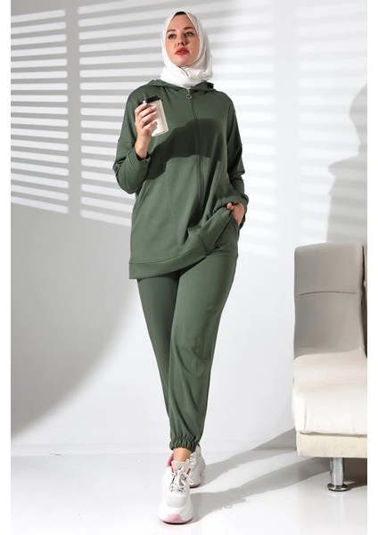 Kadın Mevsimlik Alt Üst Rahat Haki Spor Ikili Tunik Pantolon Şık Tesettür Takım modelleri