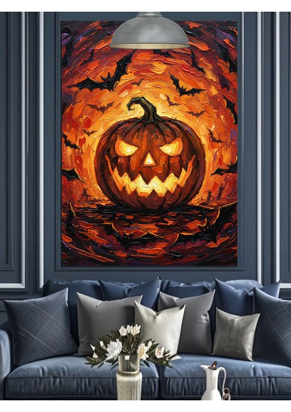 Korkunç Suratlı Turuncu Balkabağı Kabak Oyması Dekoratif Kanvas - Mdf Ahşap Tablo