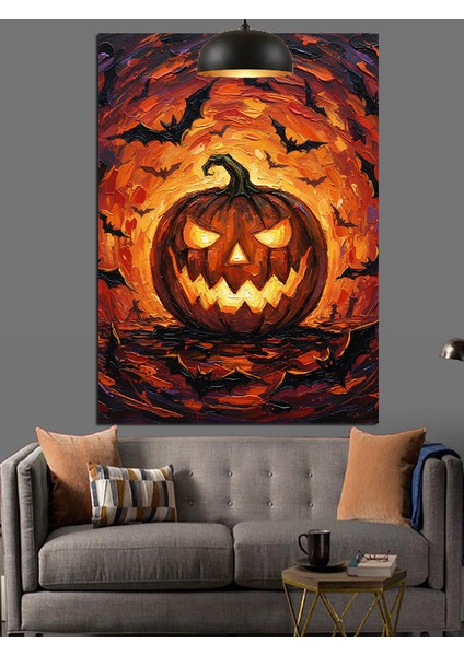 Korkunç Suratlı Turuncu Balkabağı Kabak Oyması Dekoratif Kanvas - Mdf Ahşap Tablo fiyatları