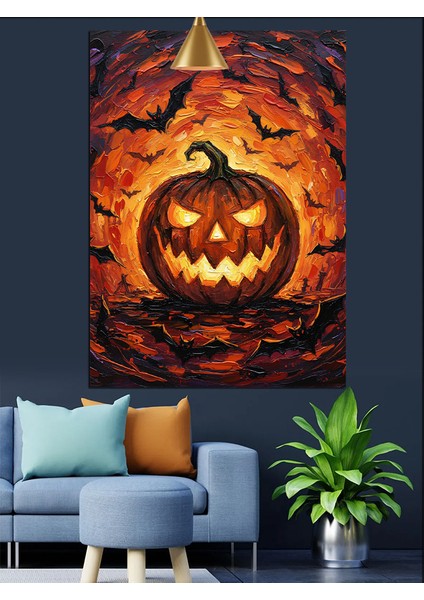 Korkunç Suratlı Turuncu Balkabağı Kabak Oyması Dekoratif Kanvas - Mdf Ahşap Tablo modelleri