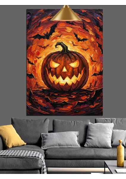 Korkunç Suratlı Turuncu Balkabağı Kabak Oyması Dekoratif Kanvas - Mdf Ahşap Tablo indirimleri