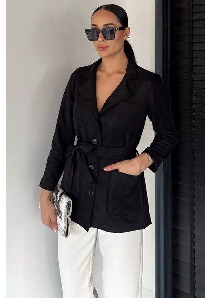 Kadın Kruvaze Yaka Kemerli Süet Trençkot P-00018919