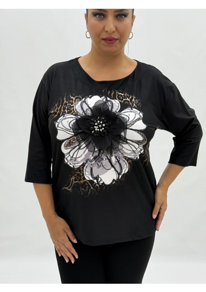Büyük Beden Çiçek Fiyonklu Kapri Kol Pamuklu Kışlık Kadın Bluz