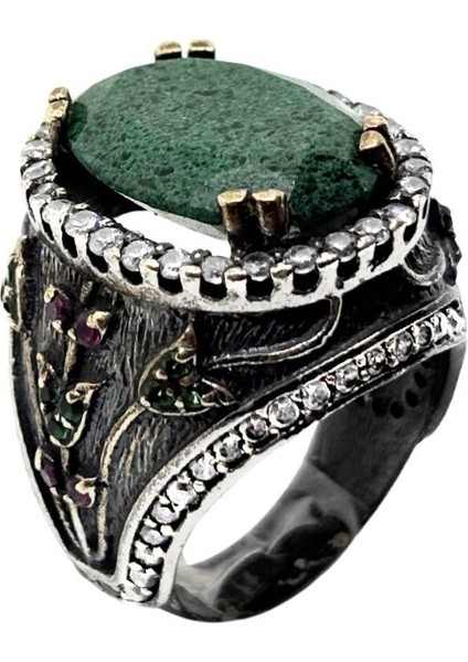 Işıltı Çevrili Kök Zümrüt Otantik Gümüş Kadın Yüzük