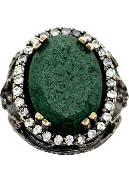 Işıltı Çevrili Kök Zümrüt Otantik Gümüş Kadın Yüzük fiyatları