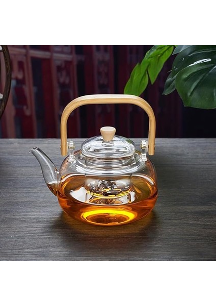 Bambu Saplı Isıya Dayanıklı Borosilikat Cam Süzgeçli Demlik 1000ML, Isıya Dayanıklı Cam Bitki Çayı Demliği 1000ML