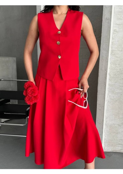 Kadın Alt Üst Takım Şık Düğme Detaylı Premium Yelek Etek Ikili Takım Elbise fiyatları