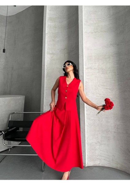 Kadın Alt Üst Takım Şık Düğme Detaylı Premium Yelek Etek Ikili Takım Elbise indirimleri