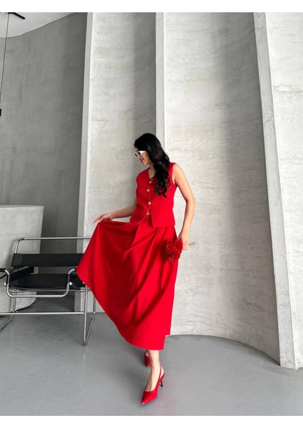 Kadın Alt Üst Takım Şık Düğme Detaylı Premium Yelek Etek Ikili Takım Elbise