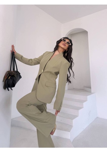 Kadın Gold Kurabiye Düğmeli Blazer Ceket Palazzo Pantolon Takım Elbise
