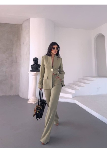 Kadın Gold Kurabiye Düğmeli Blazer Ceket Palazzo Pantolon Takım Elbise fırsatları