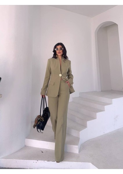 Kadın Gold Kurabiye Düğmeli Blazer Ceket Palazzo Pantolon Takım Elbise indirimleri