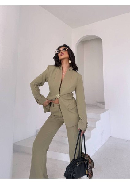 Kadın Gold Kurabiye Düğmeli Blazer Ceket Palazzo Pantolon Takım Elbise