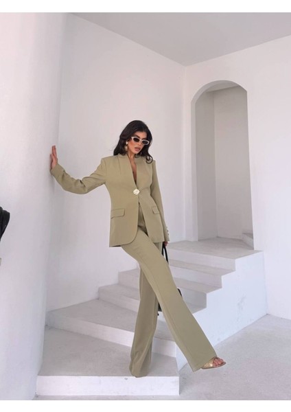 Kadın Gold Kurabiye Düğmeli Blazer Ceket Palazzo Pantolon Takım Elbise