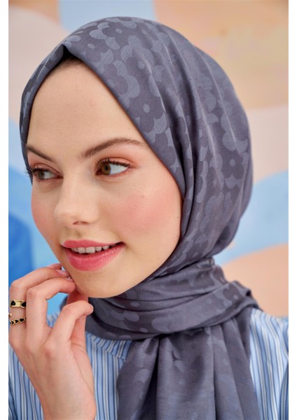 Çiçek Desen Jakar Italyan Ipekli Şal Gri