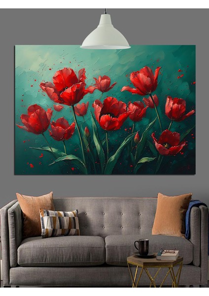 Kırmızı Lale Çiçekleri Dekoratif Kanvas - Mdf Ahşap Tablo