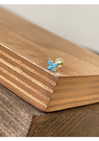 925 Ayar Gümüş Turkuaz Taşlı Kelebek Kıkırdak Helix Tragus Duak Piercingi Gümüş Piercing