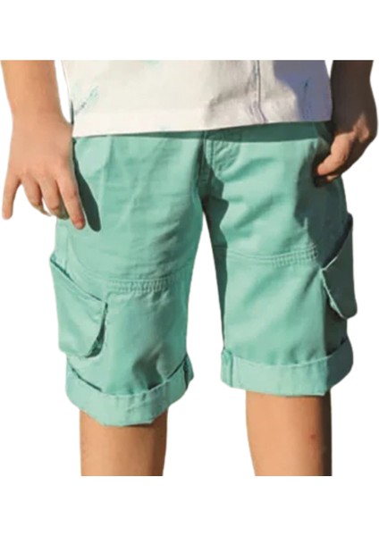 Erkek Çocuk Turkuaz Kargo Cepli Pamuklu Kapri Şort