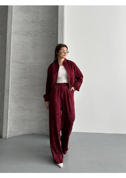 Kadın Leopar Saten Ceket Pantolon Ikili Takım