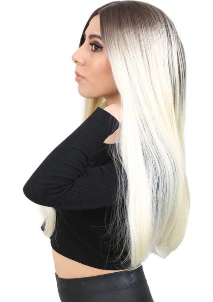 Fiber Sentetik Uzun Düz Peruk - Küllü Açık Kahve / Platin Ombreli modelleri