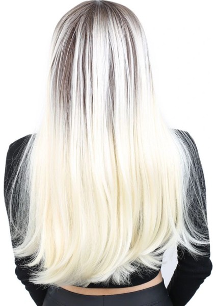 Fiber Sentetik Uzun Düz Peruk - Küllü Açık Kahve / Platin Ombreli fırsatları