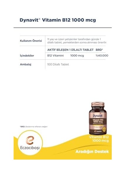 Dynavit 1000 Mcg B12 Vitamini Metilkobalamin 100 Dil Altı Tablet Takviye Edici Gıda (1 x 100 Tablet)