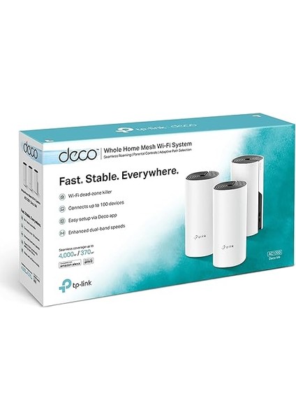Deco M4 3-Pack , AC1200 Mbps, Dual-Band, Gigabit Portları, 100 Cihaza Kadar Bağlanılabilirlik, 370 M²'ye Kadar Kapsama, Mobil Uygulama ile Kolay Kurulum, Wi-Fi 5 Mesh Sistemi indirimleri
