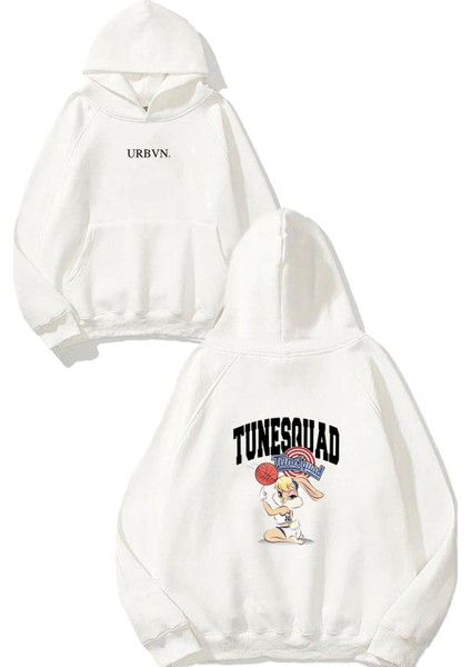 Tune Squad Tasarım Baskılı Oversize Beyaz Kapüşonlu Sweatshirt