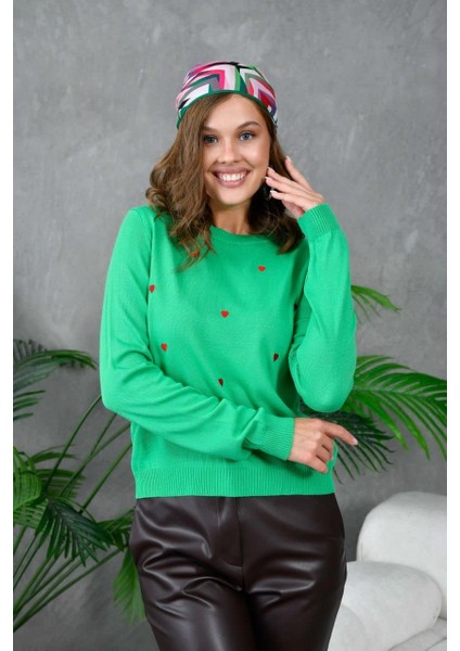 Kadın Kazak Kalp Desenli Kazak B.yeşil - 10119