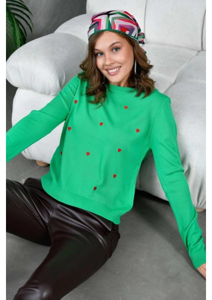 Kadın Kazak Kalp Desenli Kazak B.yeşil - 10119 fiyatları