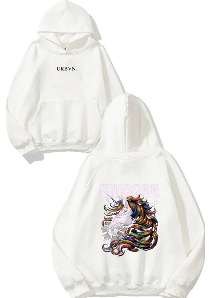 Unicorn Rainbow Tasarım Baskılı Oversize Beyaz Kapüşonlu Sweatshirt