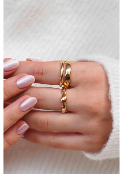 Modern Kıvrımlı Dalga Formlu Parlak Altın Kadın Yüzük Seti