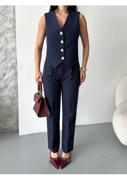 Kadın Alt Üst Takım Şık Taş Düğme Detaylı Premium Yelek Pantolon Ikili Takım Elbise indirimleri