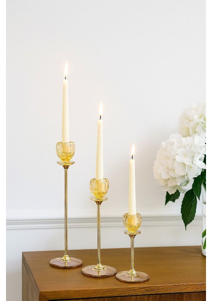 Altın Renkli 3'lü Kristal Cam Mumluk Seti & Altın Dekoratif Şamdan Takımı