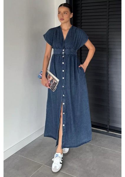 Kadın Boydan Düğmeli Sıfır Kol Jean Kot Elbise P-00018904